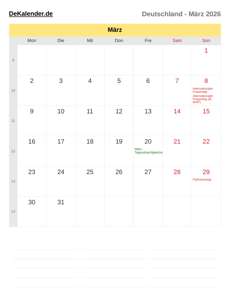Kalender 2026 März