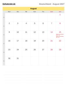 Kalender 2027 August