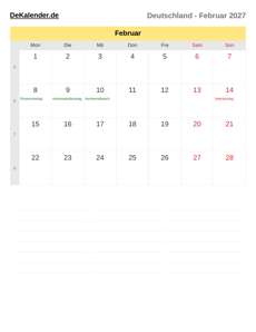Kalender 2027 Februar