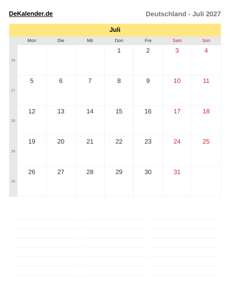 Kalender 2027 Juli