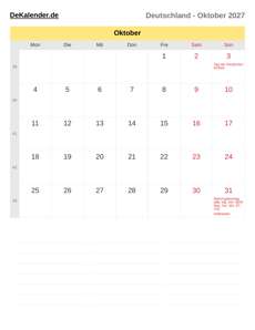 Kalender 2027 Oktober