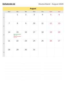 Kalender 2028 August