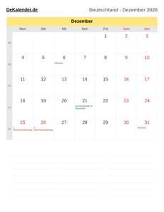 Kalender 2028 Dezember