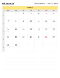 Kalender 2028 Februar