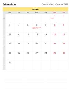 Kalender 2028 Januar