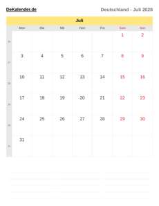 Kalender 2028 Juli
