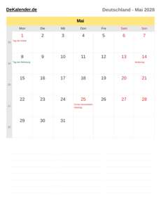 Kalender 2028 Mai