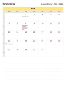 Kalender 2028 März