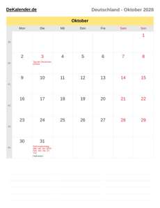 Kalender 2028 Oktober