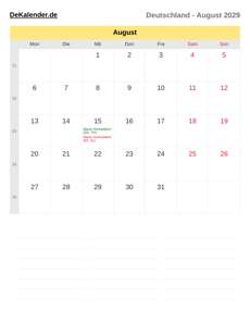 Kalender 2029 August