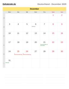 Kalender 2029 Dezember