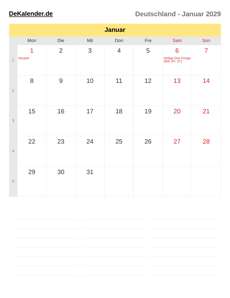 Kalender 2029 Januar