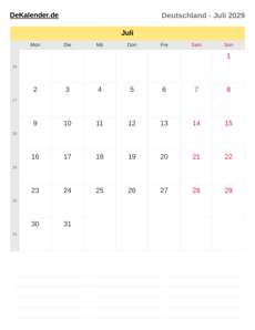 Kalender 2029 Juli