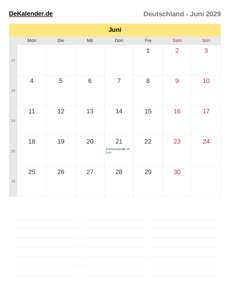 Kalender 2029 Juni