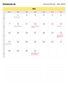 Kalender 2029 Mai