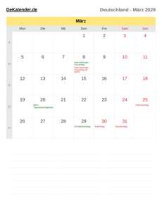 Kalender 2029 März