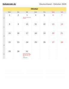 Kalender 2029 Oktober