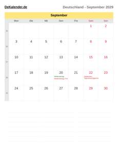 Kalender 2029 September